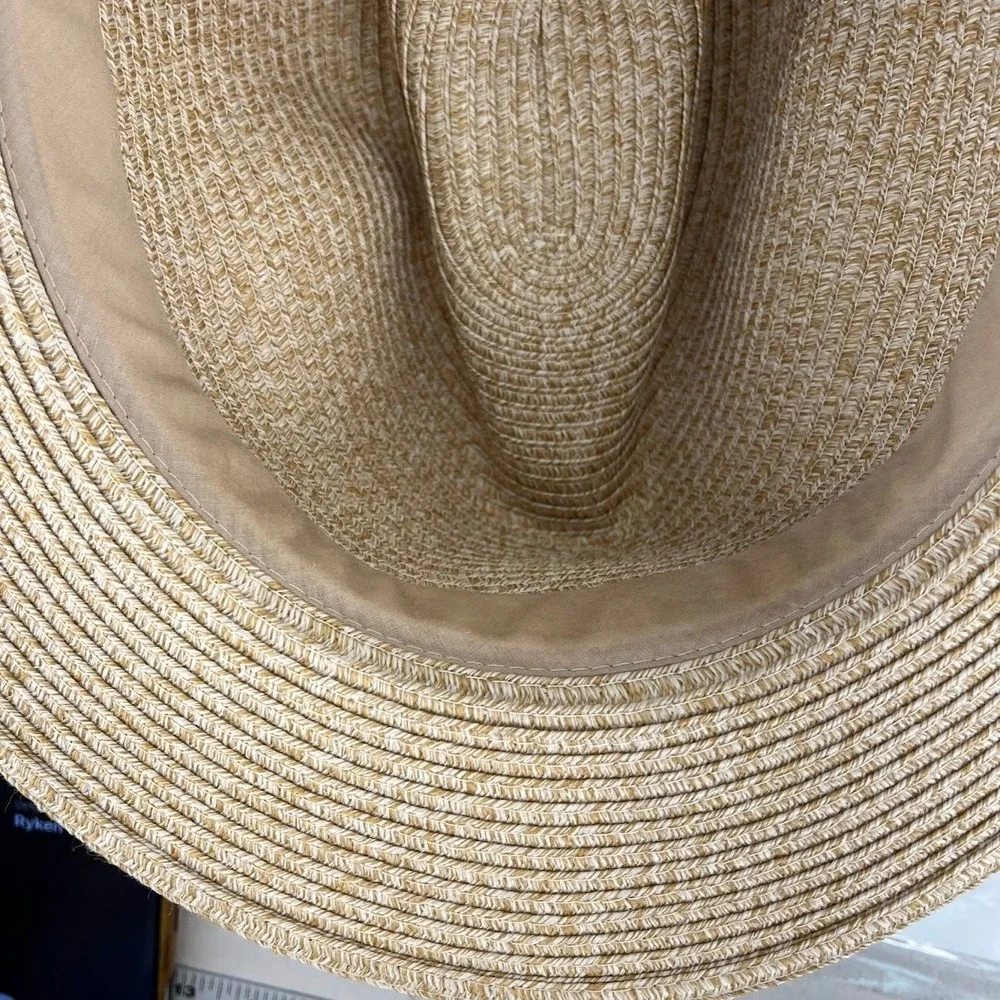 Wallaroo Hat Company Palm Beach Fedora Tan Black Straw Sun Hat L XL Adjustable